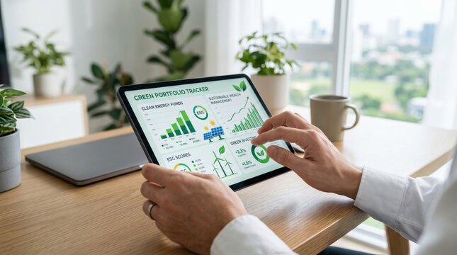 Investor analyzing sustainable wealth management portfolio on digital tablet, tracking clean energy funds, ESG scores