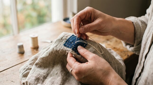 Close-up of hands sewing a denim patch on linen fabric with needle and thread