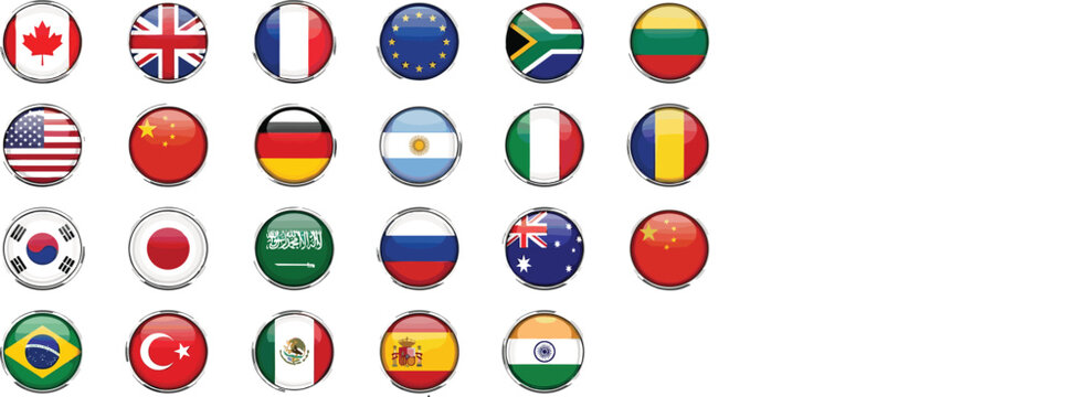 Shiny Round World National Flag Icons Set with Glossy Metallic Badge Design for International Global Use