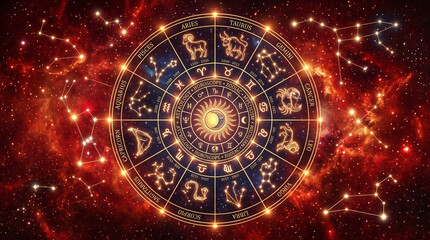 Obraz premium Zodiac Signs Wheel with Star Constellations Over Glowing Red Nebula Background