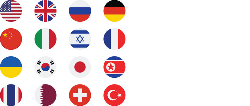 Circular world country flag icons set including USA UK China Japan and European nations vector illustration