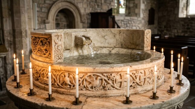 A stone baptismal font stands prominently in a church interior. Numerous white candles surround the font, illuminating the water within.