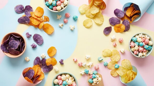 Colorful chips and popcorn are arranged in three bowls on a pastel background. Purple potato chips, yellow chips, and pink and blue popcorn are scattered around the bowls.