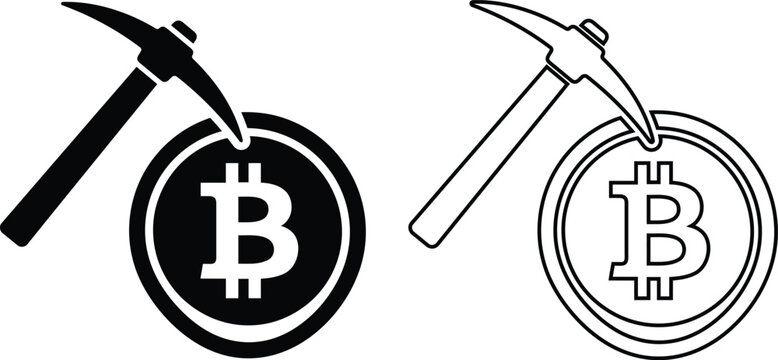 Bitcoin cryptocurrency mining vector icon set featuring a pickaxe striking a digital coin in solid black silhouette and line outline graphics for blockchain technology finance design.