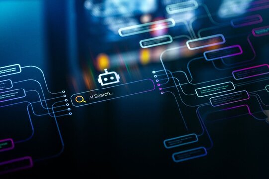 Futuristic interface glows with neon lines and data streams. Search icon pulses beside a robot symbol. Connections radiate like digital pathways. Abstract glow hints at artificial intelligence