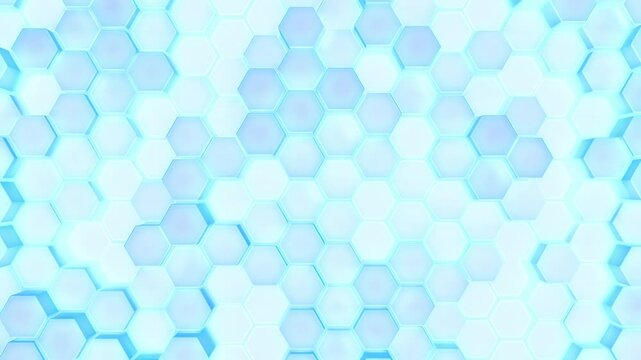 White honeycomb background of geometrical patterned hexagons with blue glow. 3d rendered hex shapes creating a visual of a sleek wavy motion for mathematical scientific or technical backgrounds. Loop