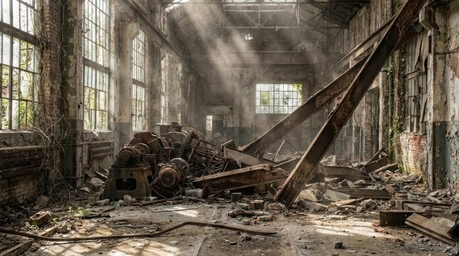 Sunlight streams into a dilapidated industrial building. Massive rusted machinery dominates the foreground, partially collapsed and overgrown with debris.