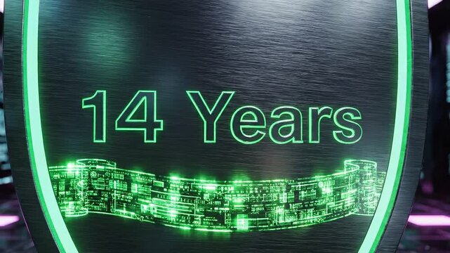 Futuristic Digital Anniversary Shield Displaying 14 Years. 4K Video