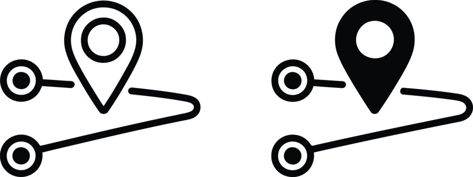 Location tracking icon set route with map pin outline and filled versions