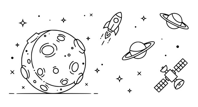 Cute Space Illustration: Moon, Rocket, Planets, Satellite, Stars