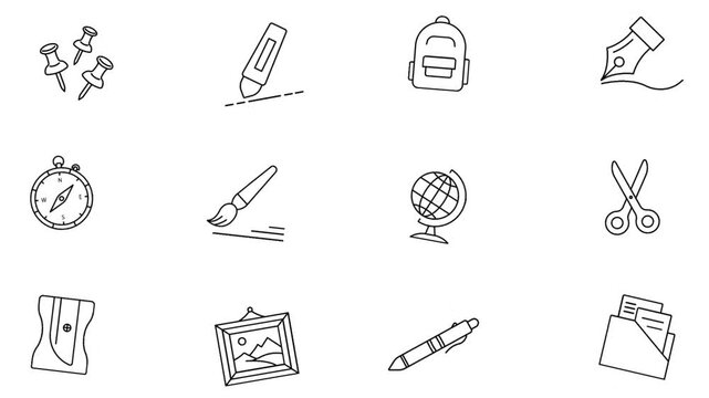School and education minimal line art icon set animation on white background