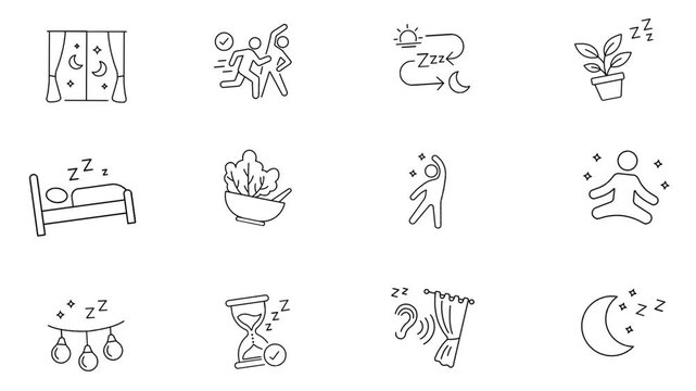 Healthy sleep tips and circadian rhythm minimal animated and vector line icon set