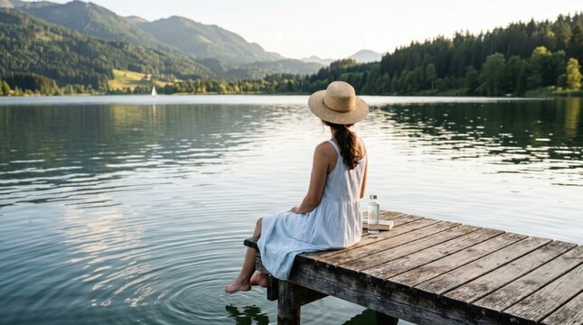 Woman in straw hat sitting on wooden dock by lake with mountains, peaceful summer vacation concept, enjoying nature and tranquility at sunset