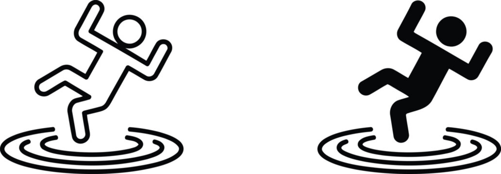 Drowning person icon set line art and solid fill versions
