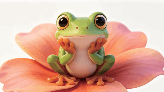 Adorable 3D Rendered Tiny Green Tree Frog With Large Golden Eyes Sitting Shyly On Soft Peach-Pink Flower Petals, Gentle Happy Expression