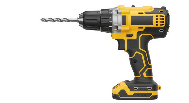 Yellow and black cordless power drill with metal bit isolated on transparent background