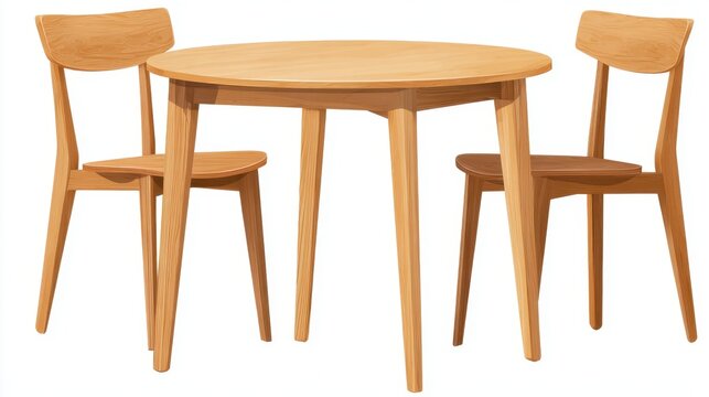 Modern wooden dining set with round table and two stylish chairs isolated on clean white background minimalist furniture design for kitchen or small apartment living dining room decor.