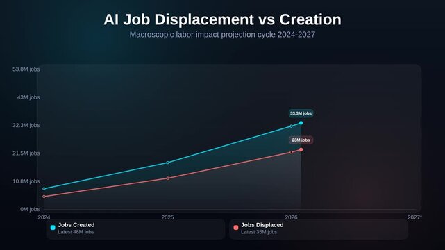 Animated area chart showing AI job displacement vs creation comparing macro labor impact projection trends 2024 to 2027
