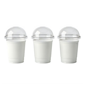 Three white disposable cups with clear plastic dome lids isolated on transparent background