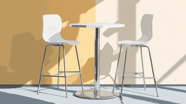 Minimalist modern bistro table set with two white ergonomic bar stools standing against split yellow and cream painted wall background in bright sunny indoor space with sharp shadows.