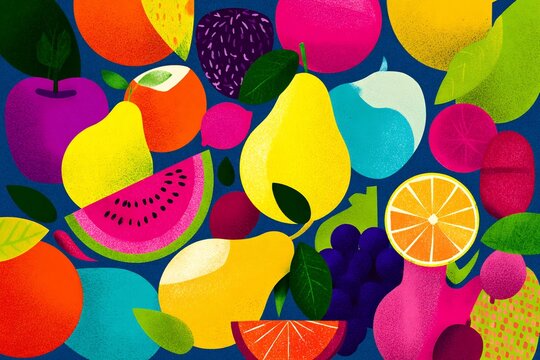 Vibrant and whimsical fruit medley with playful colors and textures creating a cheerful composition