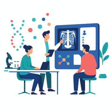 Medical doctors reviewing digital xray skeleton on computer monitor.