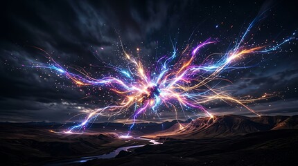 Fototapeta premium Vibrant colorful lights exploding in desert landscape