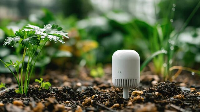 Smart soil sensor technology monitors moisture and nutrients in garden soil near green plant leaves for healthy plant growth