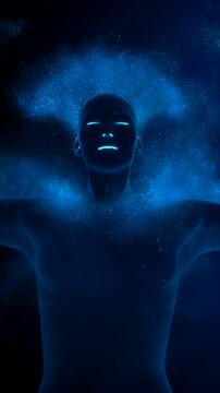 Abstract human figure emitting energy particles in dark space, glowing male silhouette raising arms as digital dust flows around body, futuristic transformation, power and consciousness concept