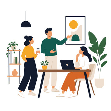 Remote work team collaborating at home office desk illustration.