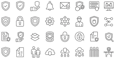 Naklejka premium Extensive set of cybersecurity and data protection line icons for digital systems