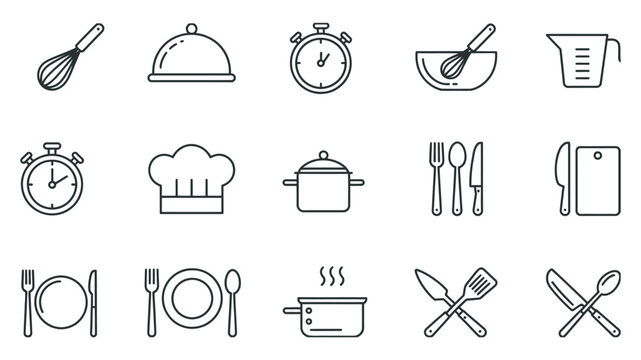 Minimalist kitchen and cooking line icons set for restaurant menu or culinary apps