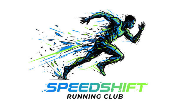 Runner Exploding into Speed, Abstract Motion Trails, Running Club Logo