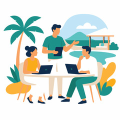 Obraz premium Team collaboration at tropical coworking desk with laptops.