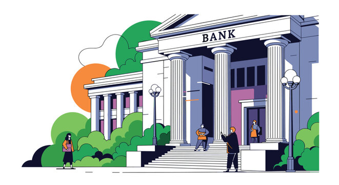 Classic bank building architecture with tall columns and people standing on the stairs surrounded by green trees.