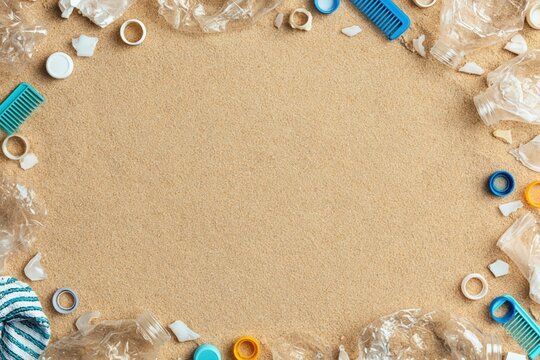Plastic waste framing sandy beach, representing ocean pollution and environmental crisis