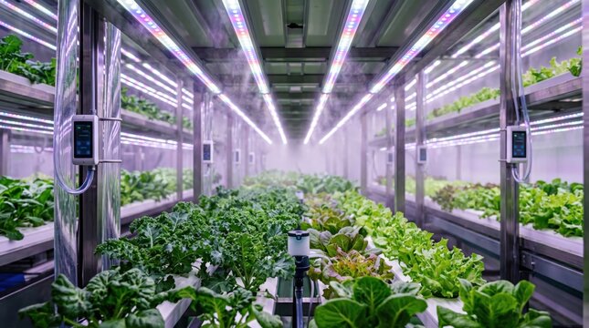 Automated vertical farm interior with rows of leafy greens under LED grow lights, misting system active for optimal plant growth in controlled environment agriculture facility.