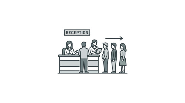 Patients queuing at a hospital reception desk line art.