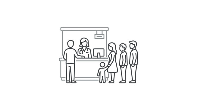 Medical clinic reception desk with waiting patients queue.