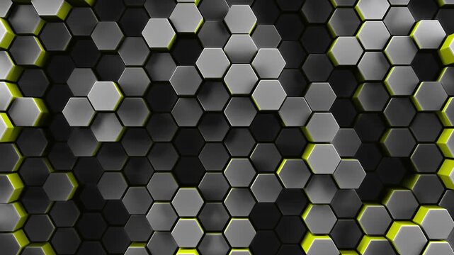 3d rendered honeycomb background of patterned hexagons. White hex shapes with contrasting colors moving in a loop. Random hexagonal patterns for futuristic, scientific, or technical backgrounds.