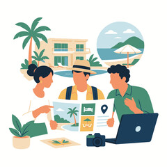 Fototapeta premium Team planning a vacation with laptop and map.