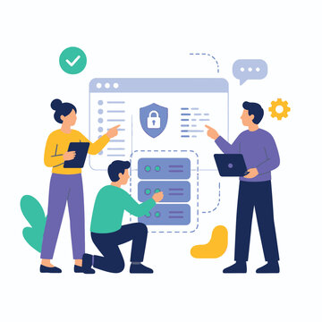 Team using laptop for secure login and data protection illustration.