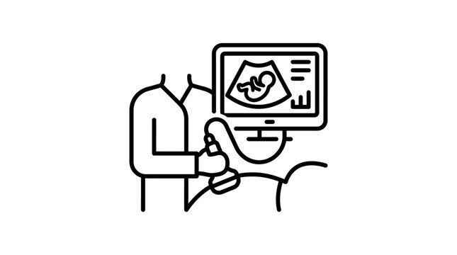 Line art depicting a medical ultrasound sonogram procedure.