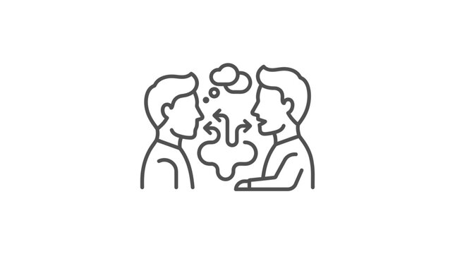 Two people communicating with thought bubbles and complex arrows.