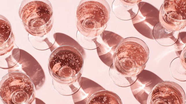 champagne. A refreshing summer rose drink with floating bubbles, set against a soft pink backdrop. bar promotions, beverage menus, designed for product packaging and bar promotions.