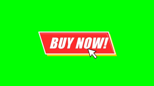 Animated Red Buy Now Button with Mouse Cursor Click on Green Screen Background