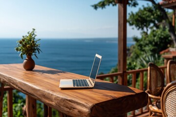 Fototapeta premium Laptop computer on rustic table with ocean view, remote work technology on balcony