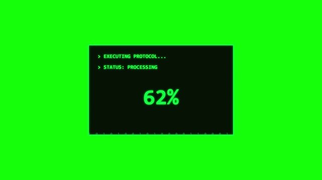 Retro Computer Terminal Data Processing Loading Screen with Percentage Counter on Green Screen Background