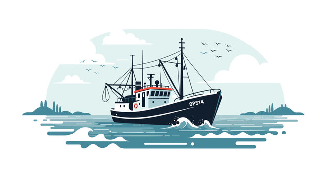 Commercial fishing trawler navigating through ocean waves with mountains and seagulls in the background under a cloudy sky.