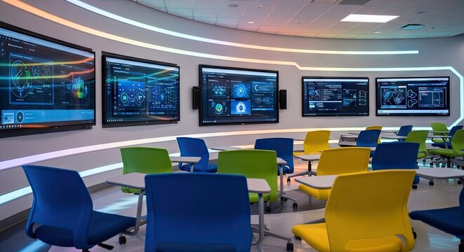 Modern classroom with interactive displays and colorful chairs for education